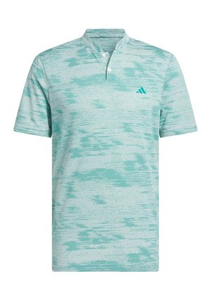 Polo de manga corta en color teal claro con un sutil patrón de rayas abstractas, tapeta con dos botones y pequeño logo teal en el pecho izquierdo.