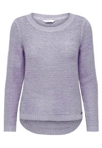 Laventelinvärinen neulottu neulepaita, jossa on pitkät hihat, pyöreä pääntie ja kaareva helma. Sisältää tekstuurikuvion ja resorilla varustetut hihansuut.