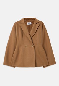 Manteau marron croisé avec un revers en pointe, fabriqué dans un matériau doux semblable à de la laine. Il dispose de deux boutons à l'avant et de fentes latérales pour le confort.