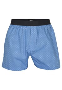 Blå boxershorts med et hvidt prikket mønster, elastisk sort talje, og en løs pasform lavet af blødt stof.