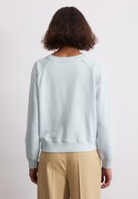 Osoba z krótkimi kręconymi włosami, ubrana w jasnoniebieski długi rękaw bluzę i beżowe spodnie, widoczna od tyłu na jednolitym tle.