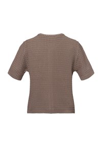 Brauner kurzärmeliger Pullover mit strukturiertem, geripptem Muster und rundem Ausschnitt. Nahtloses Design an Schultern und Seiten.