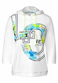 Sudadera blanca con un diseño gráfico que presenta acentos en azul, verde y negro. Incluye un texto que dice "AMA a ti mismo" y cordones de neón verde.