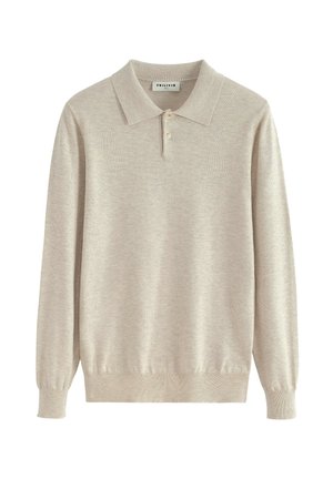 Pull polo beige à manches longues en tissu lisse, doté d'un col classique, d'une patte de boutonnage à trois boutons et de poignets ainsi que d'un ourlet côtelés.
