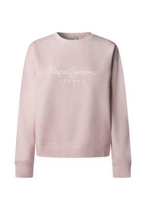 Gaiši rozā džemperis no mīksta auduma ar apaļu kaklu un ribotām aprocēm. Priekšpusē spilgti redzams balts uzraksts "Pepe Jeans LONDON".