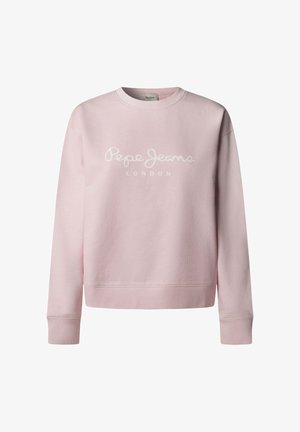Lichtroze sweatshirt van zachte stof, voorzien van een ronde hals en geribbelde manchetten. Witte tekst "Pepe Jeans LONDON" duidelijk zichtbaar op de voorkant.