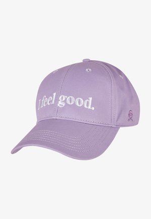 Violetiniai medvilniniai kepurė, su balta siuvinėta užrašu "Aš jaučiuosi gerai." Išlenktas kraštas ir siuvinėtos detalės ant viršaus. Šoninė logotipas.