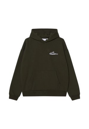 Felpa con cappuccio verde scuro realizzata in tessuto morbido, con tasca a busta e logo ricamato sul lato sinistro del petto. Vestibilità comoda con cappuccio regolabile.