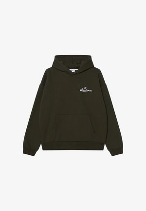 Felpa con cappuccio verde scuro realizzata in tessuto morbido, con tasca a busta e logo ricamato sul lato sinistro del petto. Vestibilità comoda con cappuccio regolabile.