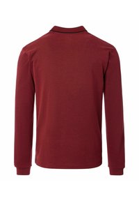 Rotes langärmeliges Poloshirt aus weichem Stoff; verfügt über ein einfarbiges Design, gerippten Kragen und Säume ohne sichtbare Muster oder Akzente.