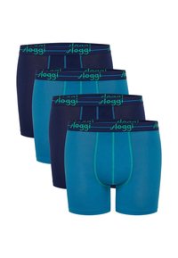Cztery pary męskich bokserków w kolorach ciemnoniebieskim i jasnoniebieskim. Wykonane z miękkiej bawełny, z zielonymi detalami w pasie i szwach.