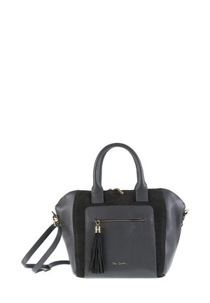 Sac à main en cuir noir et gris avec poignées doubles, poche zippée à l'avant avec un gland, et une bandoulière réglable.