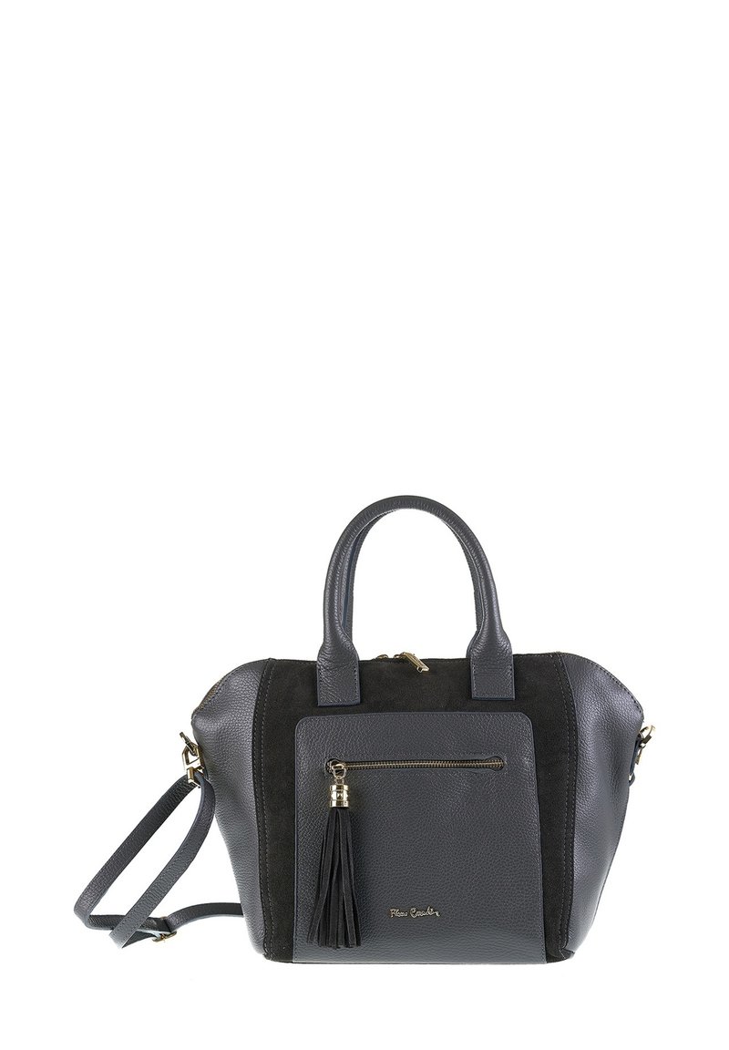 Sac à main en cuir noir et gris avec poignées doubles, poche zippée à l'avant avec un gland, et une bandoulière réglable.