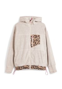 Sweat à capuche zippé beige avec poche poitrine en motif léopard et ourlet, tirettes de zip roses et cordon de serrage ajustable à la taille, en tissu doux.