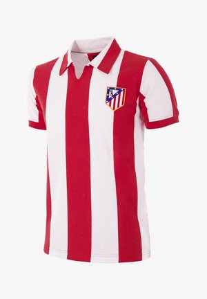 Rood-wit gestreepte poloshirt met kraag, voorzien van een schildvormig logo op de linkerborst, gemaakt van katoen.