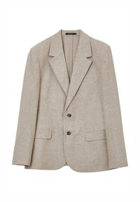 Blazer beige in lino con revers a punta, due bottoni e due tasche frontali. Tessuto texturizzato con un sottile motivo a trama.