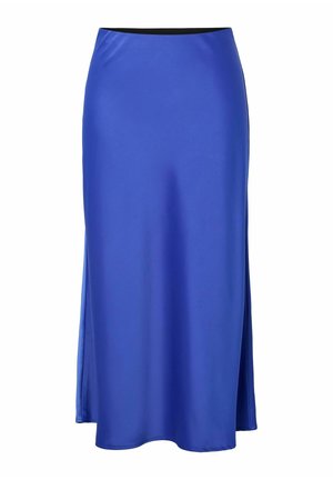 Blå sateng maxi skjørt med svart elastisk midjebånd, som har en glatt tekstur og sidesliss for ekstra bevegelse.