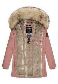 Pink outerwear jacket with a faux fur lining and hood. Features include large faux fur trim, tags, and a textured fabric finish.