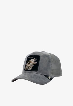 Gray cap with a suede front, mesh back, and black patch featuring an embroidered wolf. "MAVERICK" text is above the design.