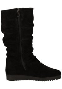 Bottines noires en daim jusqu'au genou avec un design froncé, fermeture éclair sur le côté, et une semelle en caoutchouc plate avec un motif texturé pour une meilleure adhérence.