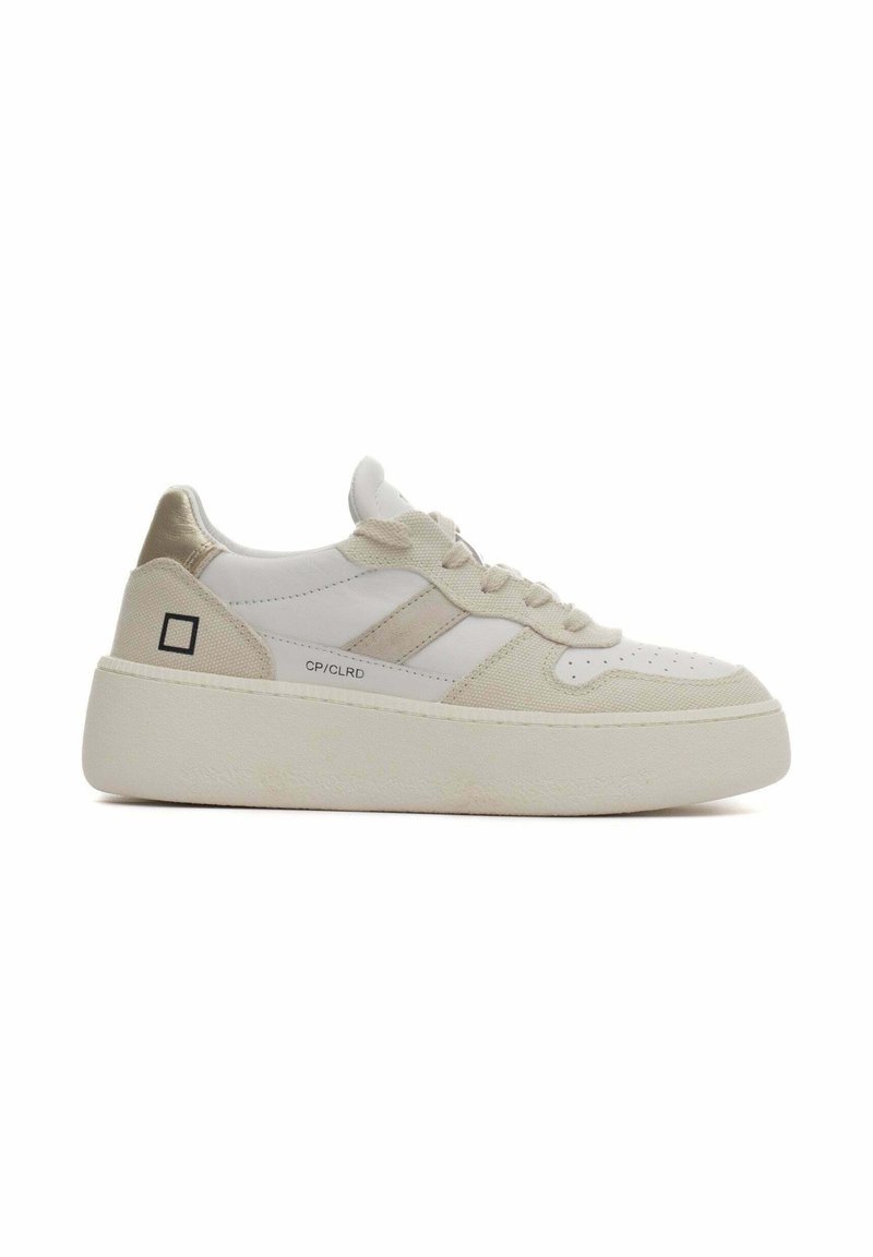Sneakers bianchi con una parte superiore testurizzata, dettagli in pelle liscia e una suola spessa. Presentano sottili strisce grigie e un'etichetta sul tallone in oro metallico.
