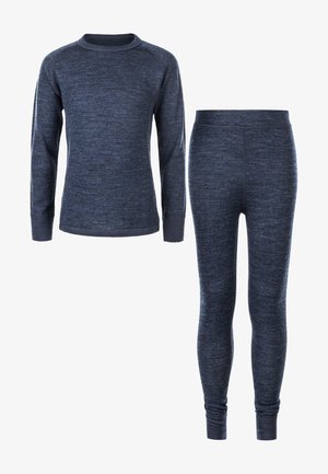 Marine thermal langærmet top og tætsiddende leggings lavet af blødt, tekstureret stof. Har kontrasterende sømstick og ribbede manchetter.