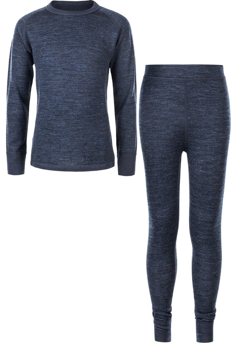 Navyfarbener, thermischer Langarm-Oberteil und eng anliegende Leggings aus weichem, strukturiertem Material. Mit kontrastierenden Nahtstichen und gerippten Bündchen.