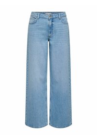 Lyseblå vide bukser laget av denim, med høy midje, fem-lommers stil og kontrastsøm langs sømmene.