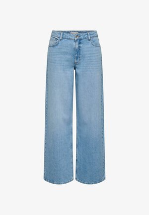 Vaalean siniset leveälahkeiset farkut, jotka on valmistettu denimistä. Niissä on korkeavyötärö, viisipokkainen malli ja kontrastiväriset tikkaukset saumoissa.