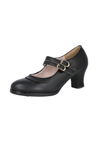 Zapato Mary Jane de cuero negro con tacón grueso de altura media, doble correa y hebillas en tono dorado.