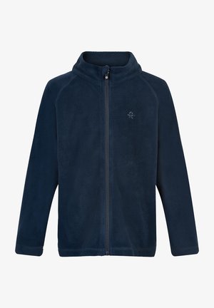 Marineblauwe fleecejack met een hoge kraag, volledige rits en raglanmouwen. Heeft een subtiele logo op de linkerborst. Zachte textuur.