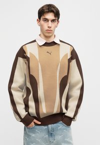 Jeune homme portant un pull Puma marron et beige à motifs sur une chemise rose à col, avec un jean bleu clair présentant des motifs blancs subtils.