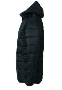 Schwarze Pufferjacke mit Kapuze, gestepptem Design und Reißverschlusstaschen an den Seiten. Der Stoff hat eine glatte Textur und ein leichtes Gewicht.