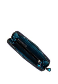 Portafoglio con zip, esterno blu navy e interno turchese. Presenta diversi scomparti per carte e vani, texture liscia e tirazip contrastante.