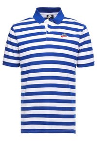 Blå och vit randig pikétröja med krage, tvåknappslåsning och broderad logotyp. Bomullsblandat tyg med slät textur.