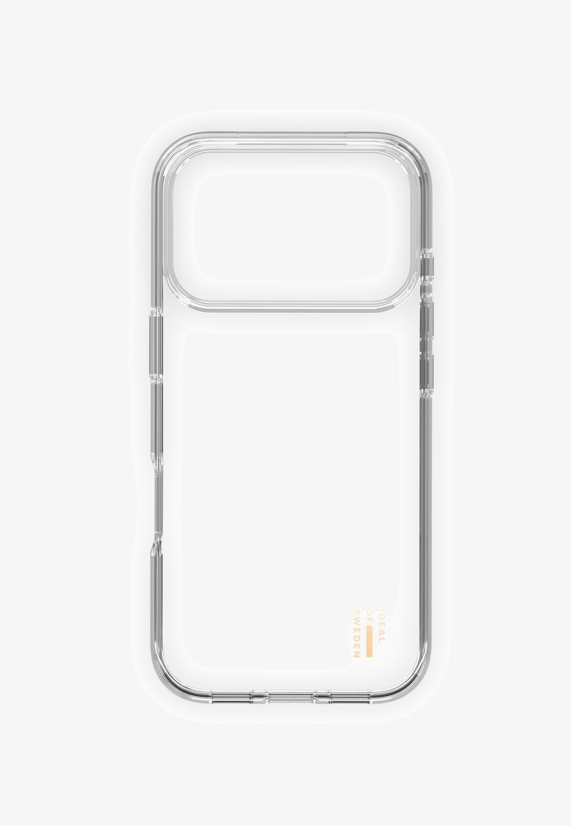 Gjennomsiktig telefondeksel med avrundede kanter, transparent materiale, synlige kanter og gulltekstdetaljer. Jevn tekstur med presise utskjæringer.