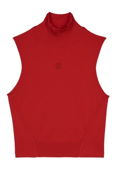 Top sin mangas de cuello alto en color rojo con un cuello en forma de ondas, dobladillo acanalado y un sutil logotipo bordado en la parte delantera. Hecho de una tela texturizada.