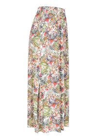 Floraler Maxirock aus leichtem Stoff mit einem mehrfarbigen Muster aus Blumen und Blättern, mit elastischem Bund und Seitenschlitz.