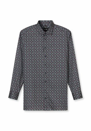 Langärmeliges Hemd aus dunkelblauem Stoff mit farbenfrohem Blumenmuster, kragenloses Design und Knopfleiste vorne. Weiche Textur; normale Passform.