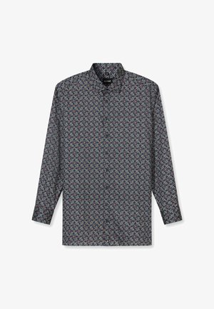 Langärmeliges Hemd aus dunkelblauem Stoff mit farbenfrohem Blumenmuster, kragenloses Design und Knopfleiste vorne. Weiche Textur; normale Passform.