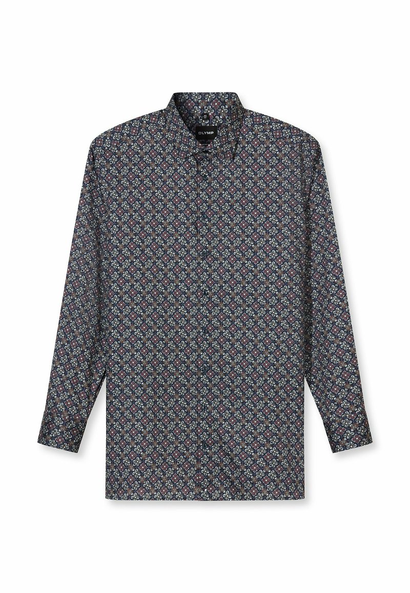 Langärmeliges Hemd aus dunkelblauem Stoff mit farbenfrohem Blumenmuster, kragenloses Design und Knopfleiste vorne. Weiche Textur; normale Passform.