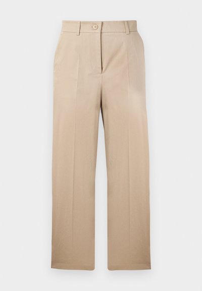 Beige Hose mit geradem Schnitt, aus glattem Stoff gefertigt. Mit einem einzelnen Knopfverschluss und zwei vorderen Falten. Standardmäßiges Taillendesign.