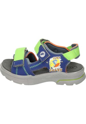 Blue and green children's sandal with Velcro straps, rubber sole, padded insole, and "Surf Shark" graphic detail on the side.