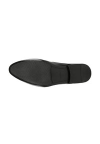 Suola di scarpa in pelle nera con una finitura liscia, punta arrotondata e grip in gomma texturizzata. Include un leggero tacco e un sottile dettaglio di branding.
