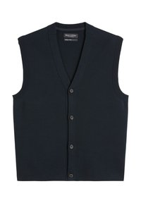 Navy-blaues ärmelloses Oberteil aus Bio-Baumwolle, mit V-Ausschnitt, gerippten Kanten und fünf Knöpfen vorne.