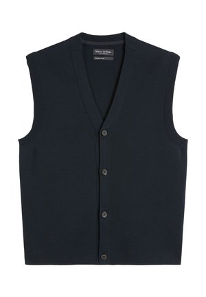 Gilet sans manches bleu marine en coton bio, avec un col en V, des bords côtelés et une fermeture à cinq boutons à l'avant.