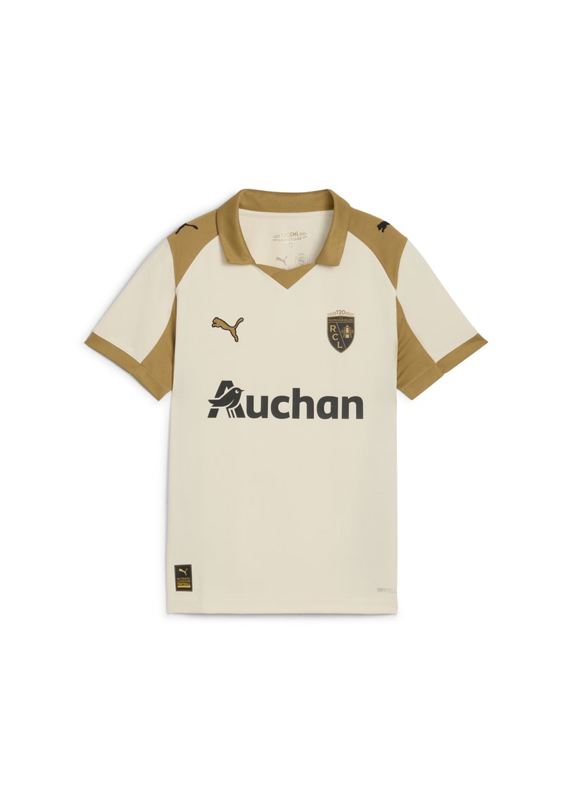 Camisa polo crema con acentos dorados y logo de PUMA. Presenta un escote en V, mangas cortas y el texto "Auchan". La insignia muestra "RCL" y 120 años.