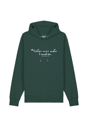 Dunkelgrüner Hoodie mit Fronttasche und weißem handgeschriebenem Text auf Deutsch mit dem Inhalt "Früher war mehr Lametta."