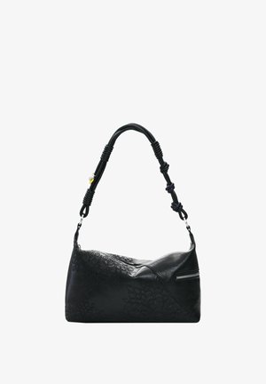 Schwarze Lederhandtasche mit geprägten Blumenmustern, geknotetem Griff und silbernem Reißverschlussdetail an der Seite.