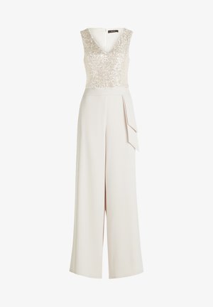 Beiger Jumpsuit mit einem Pailletten-besetzten, ärmellosen Oberteil und einem V-Ausschnitt. Fließender, weit geschnittener Hosensaum mit drapiertem Seitenpaneel-Effekt an der Taille.